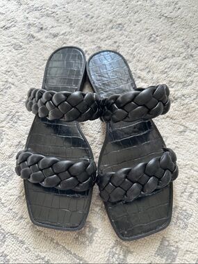 Black Braided Double-Strap Slide Sandals